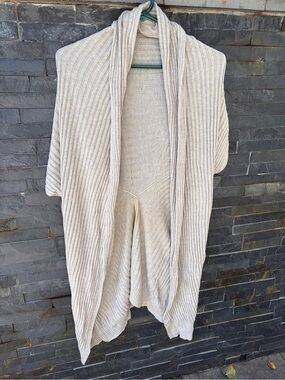 Lightweight Cream Ribbed Open-Front Poncho Cardigan